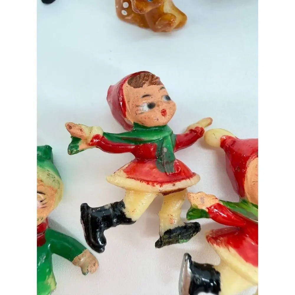 Vintage Hong Kong Plastic Christmas Figures Deer Ice Skaters Figurine Set